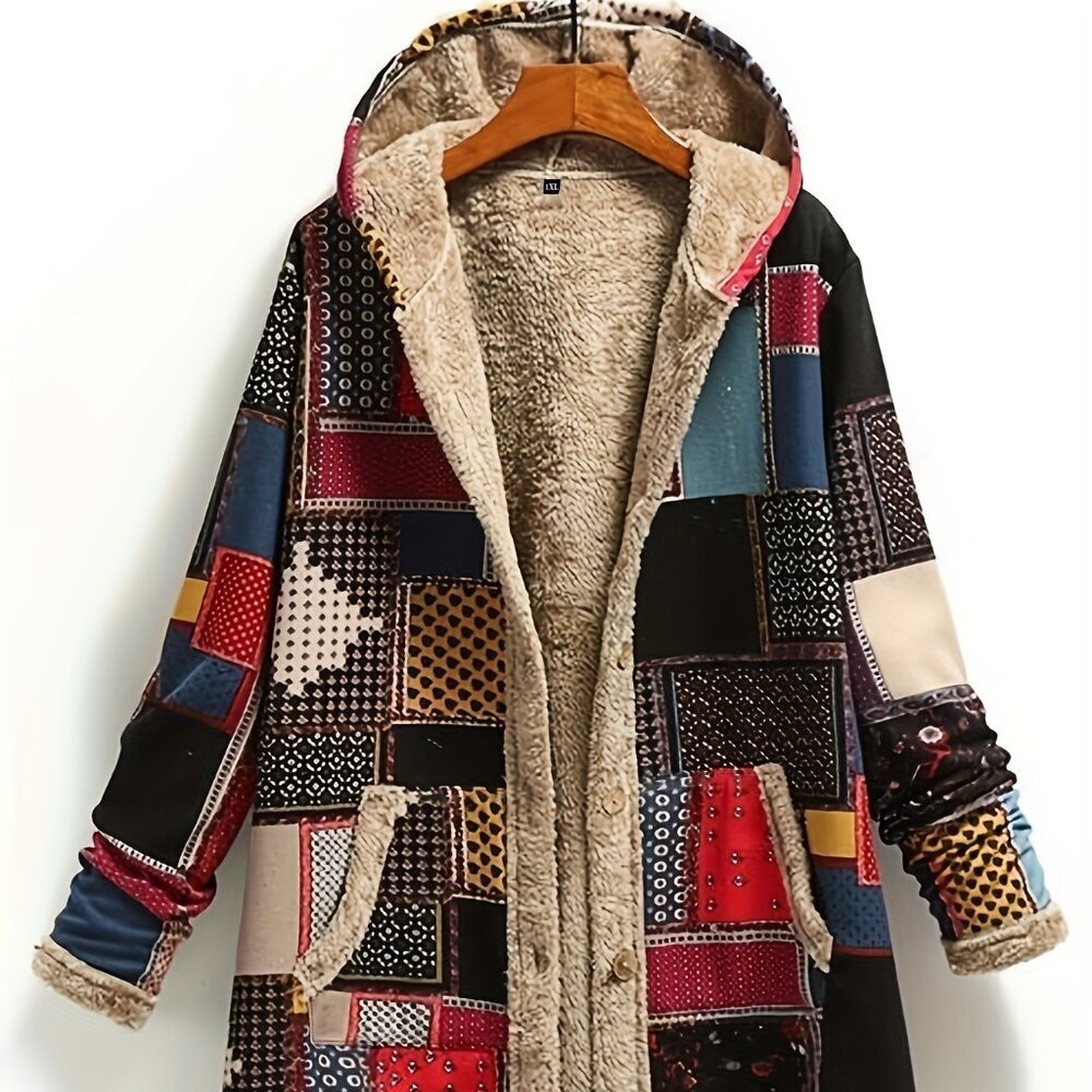 Vintage Patchwork Pea Coat in Multicolor with Faux Shearling